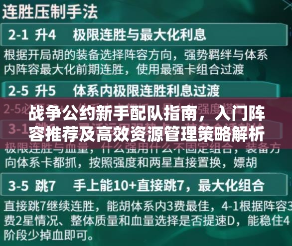 战争公约新手配队指南，入门阵容推荐及高效资源管理策略解析