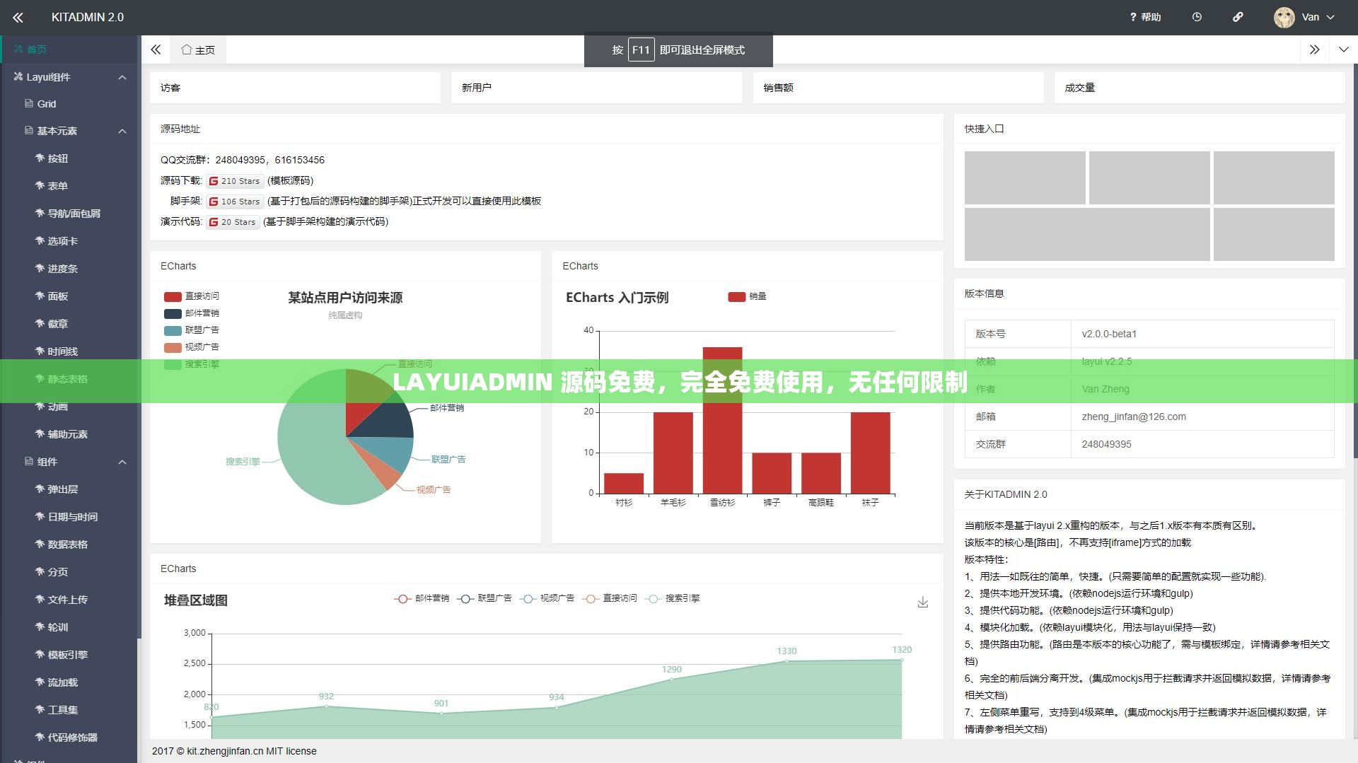 LAYUIADMIN 源码免费，完全免费使用，无任何限制