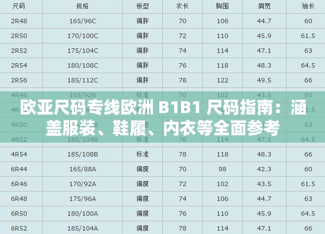 欧亚尺码专线欧洲 B1B1 尺码指南：涵盖服装、鞋履、内衣等全面参考