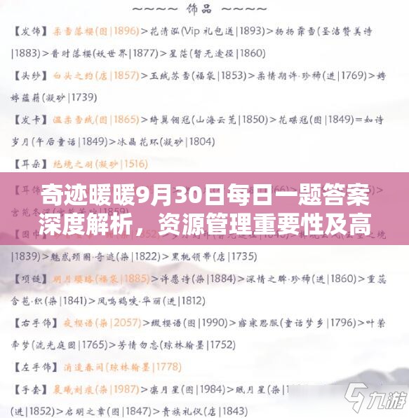 奇迹暖暖9月30日每日一题答案深度解析，资源管理重要性及高效利用实战攻略