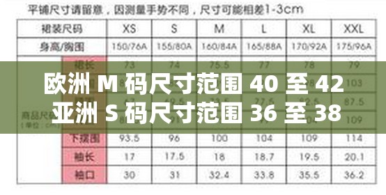 欧洲 M 码尺寸范围 40 至 42 亚洲 S 码尺寸范围 36 至 38 详细对比