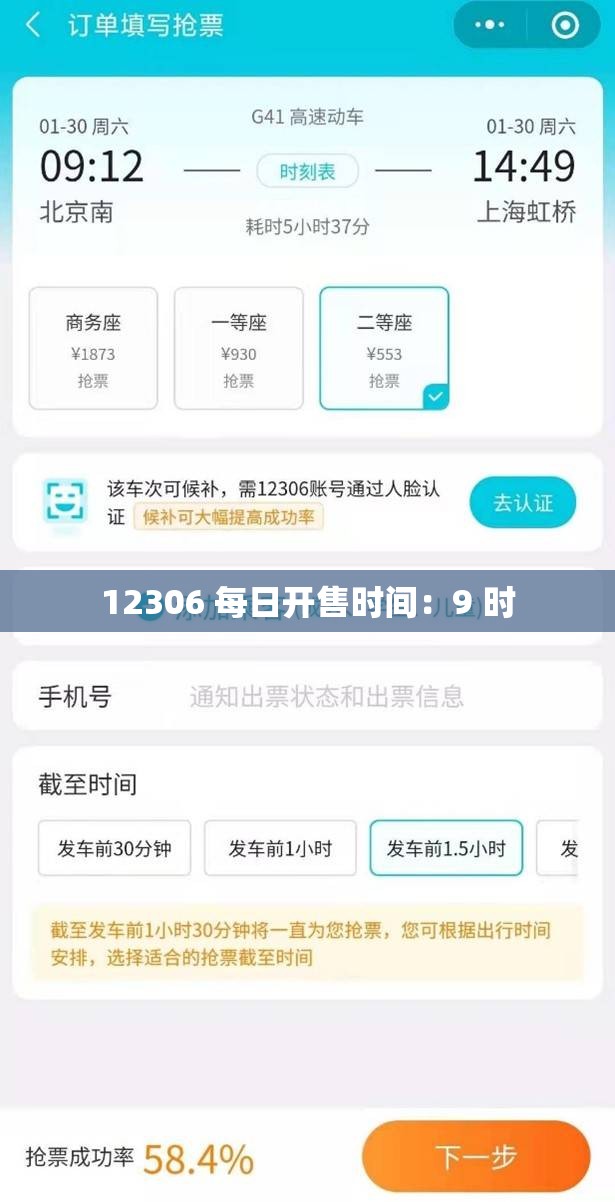 12306 每日开售时间：9 时